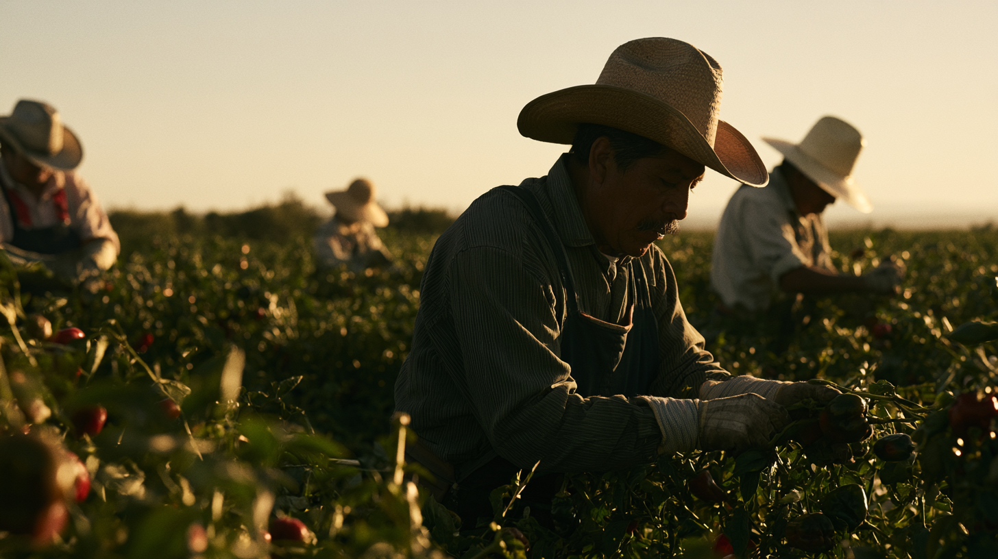 Trabajadores del campo cosechando hortalizas al amanecer