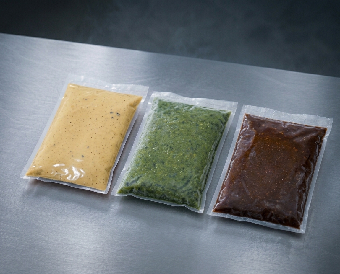 Tres bowls de salsa chipotle, mole y poblano · presentación al vacío